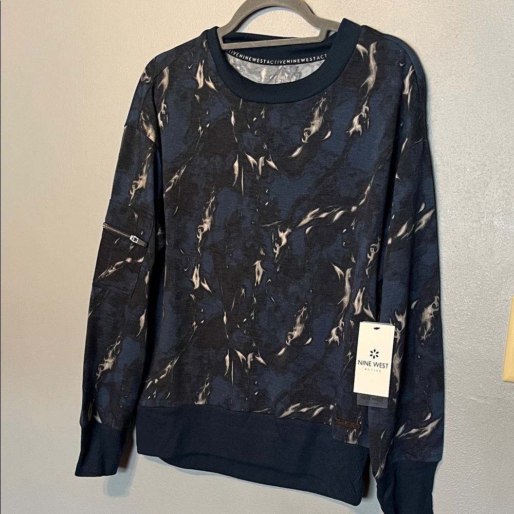 Nine West Navy Crewneck Sweater with Cream Marbled Detail